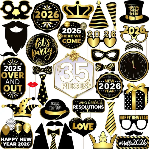 Miniatura 2 de KatchOn, Accesorios para cabina de fotos de Nochevieja 2024 – Paquete de 35 Accesorios de cabina de fotos de Año Nuevo dorado y negro