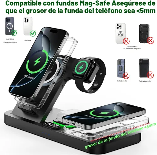 Miniatura 6 de Estación de carga inalámbrica de teléfono doble para dispositivos Apple, estación de carga magnética para iPhone con interruptor automático de luz