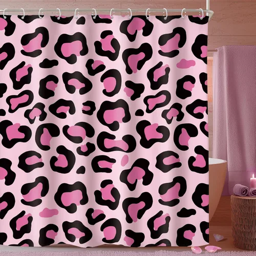 Miniatura 9 de Riyidecor Cortina de Ducha con Estampado de Leopardo Negro y Rosa Cabina Pequeña RV Estrecha Linda Femenina Moderna Trendy Simple Guepardo 36Wx72H