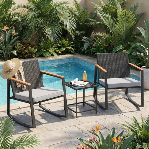 Miniatura 3 de Gizoon Juego de 3 piezas de bistró de patio mecedora con reposabrazos antiquemaduras, juego de muebles de mimbre para patio al aire libre con mesa