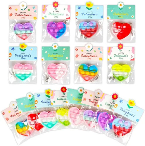 Paquete de 56 juguetes para ansiedad y tarjetas prellenadas para el día de San Valentín para el aula de los niños, mini juguetes en forma de