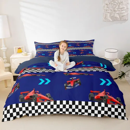 Miniatura 15 de Feelyou Race Car Duvet Cover Twin Size Boys Girls Speed Sports Car Bedding Set Breathable Soft Racing Comforter Cover 2Pcs Black White Checked