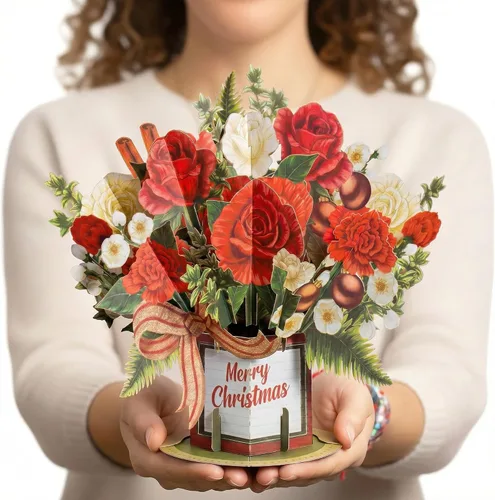 Miniatura 2 de Paper Love Tarjeta de Navidad desplegable, ramo de flores 3D con recuerdo, regalo de decoración navideña, 10 x 7 pulgadas con sobre y etiqueta