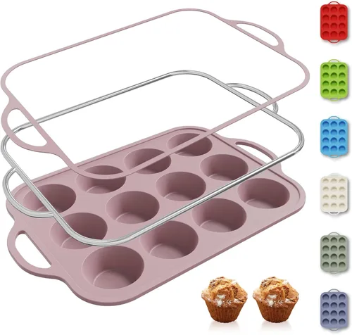 Miniatura 25 de 2 paquetes de 12 tazas de molde para magdalenas de silicona para hornear con marco reforzado de metal, molde para cupcakes de tamaño regular, Crema