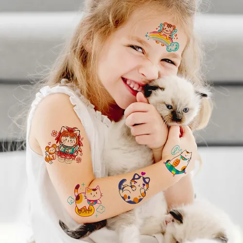Miniatura 3 de Konsait 50 hojas de tatuajes de anime, tatuajes de gato de estilo mixto de dibujos animados, envueltos individualmente, tatuajes temporales de gato
