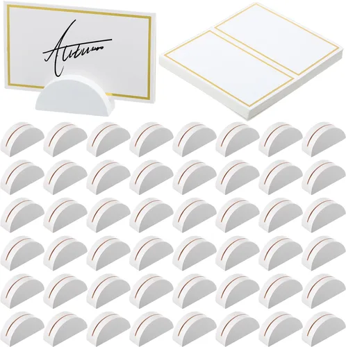 Miniatura 9 de Maitys 48 soportes de madera para números de mesa de boda, soporte para nombre de mesa de boda, diseño semicircular, tarjeteros con 48 tarjetas