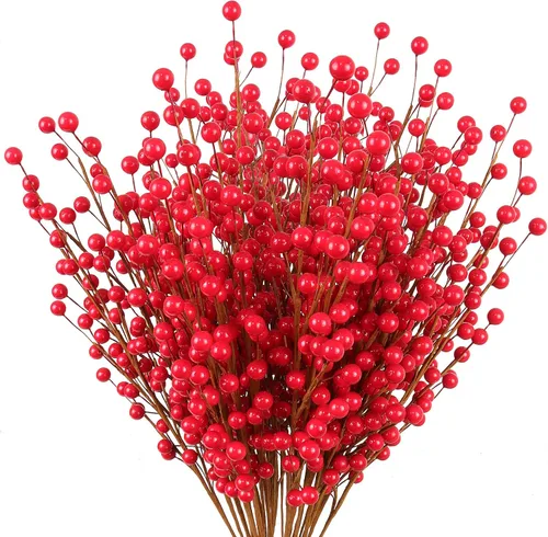 Miniatura 6 de Larksilk Púas de tallo de bayas de acebo rojo – 35 bayas, detalles navideños de 17 pulgadas para coronas y decoración, 3 piezas Faux berry