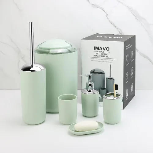 Miniatura 7 de Conjunto de Accesorios de Baño IMAVO, Juego de Baño Verde, Juego de 7 Piezas de Accesorios de Baño, Bandeja, Cepillo de Inodoro, Bote de Basura