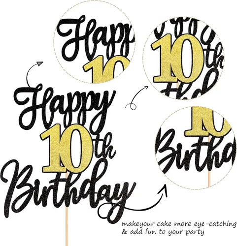 Miniatura 2 de 1 PCS Decoración para Pastel Feliz Cumpleaños Número 10 Negro Dorado con Purpurina Brindis por 10 Años Selección de Pastel de Cumpleaños 10 Fabuloso