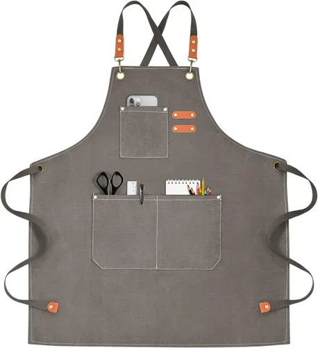 Miniatura 14 de OUNLEN Delantal de Chef para Hombres y Mujeres de Lona con 3 Bolsillos, Delantal Resistente de Trabajo con Espalda Cruzada para Cocinar