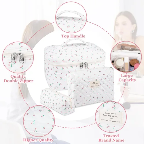 Miniatura 3 de Juego de bolsas de maquillaje, bolsa de maquillaje acolchada, bolsa grande para cosméticos florales para mujer, bonitas bolsas de maquillaje