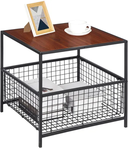 SUPER DEAL Mesa auxiliar de 2 niveles con cesta de malla, mesa auxiliar cuadrada de 20 pulgadas para dormitorio, sala de estar, mini soporte de