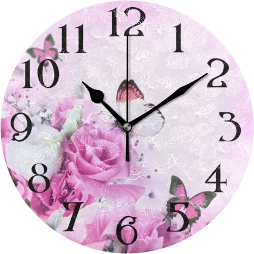 Miniatura 25 de Reloj de pared con mariposas moradas, silencioso, funciona con pilas, floral, sin tictac, decorativo, reloj analógico de cuarzo redondo de 9.5 A01
