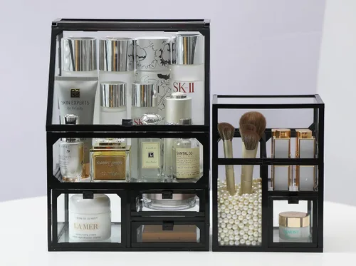 Miniatura 2 de MOOCHI Organizador de maquillaje negro de 3 piezas para Vantity, vidrio, organizador de cuidado de la piel, cajones, organizador de cepillos