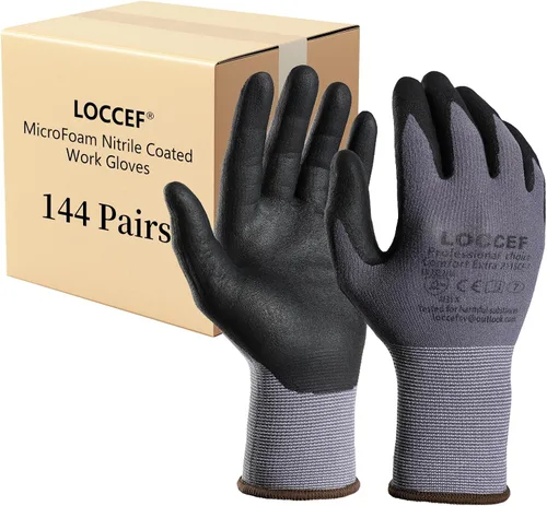 LOCCEF Guantes de trabajo de seguridad con revestimiento de nitrilo de microespuma, 12 pares, guantes de nailon de punto sin costuras, mejoras para