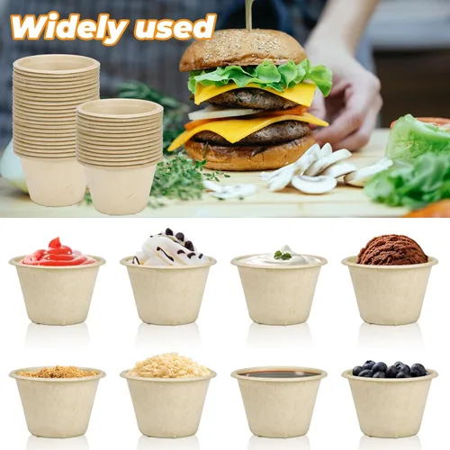 Miniatura 5 de LeonBach Paquete de 150 unidades de 4oz Tazas de salsa de fibra de bagazo natural, tazones pequeños desechables de papel para sumergir compostables