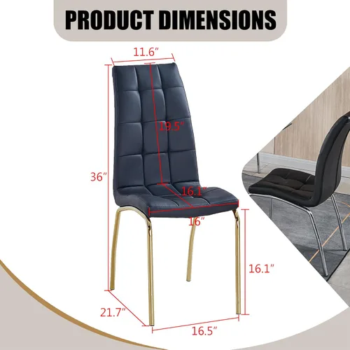 Miniatura 3 de Juego de 4 sillas de comedor de piel sintética, modernas sillas de comedor negras con patas de metal dorado y respaldo ergonómico, tapizadas