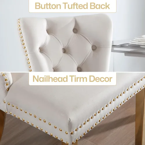 Miniatura 4 de Juego de 2 sillas de comedor de terciopelo Homedraft, colección Nikki para comedor con patas doradas de acero inoxidable y anillo de tirador