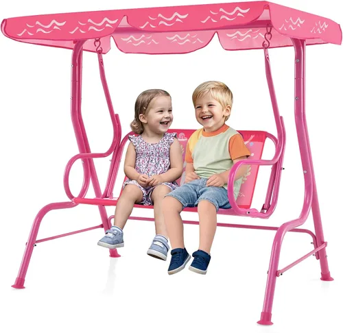 Miniatura 15 de GLACER Columpio de porche, hamaca de patio para niños con toldo ajustable y soporte, cinturón de seguridad, banco de columpio para exteriores de 2