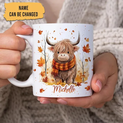 Miniatura 2 de Hyturtle Taza de Café Personalizada de Vaca Highland de Otoño con Hojas de Arce - Regalos de Cumpleaños para Amantes de las Vacas - Regalos de Fall