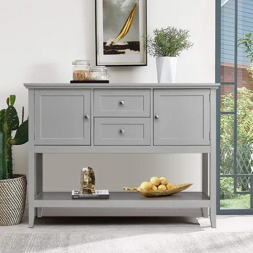Miniatura 2 de Giantex Aparador de buffet, armario de almacenamiento de madera, mesa consola con estante de almacenamiento, 2 cajones y armarios, muebles de sala