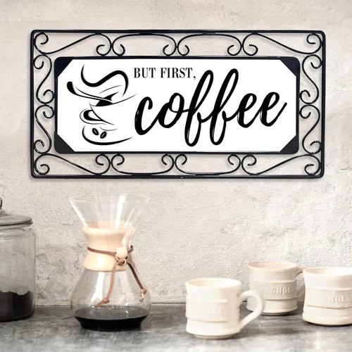 Letrero de café, arte de pared de metal para bar, decoración de cocina y oficina con cita "But First Coffee", letrero para el hogar estilo café, 16