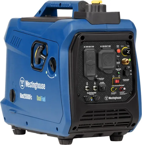 Westinghouse Generador inversor portátil súper silencioso y ligero de 2550 vatios pico, salida de 30 A listo para RV, alimentado a gas y propano,
