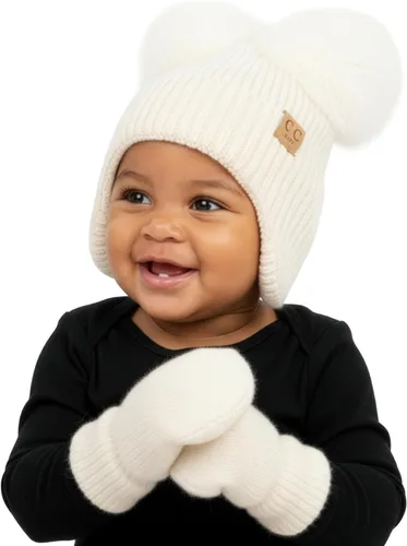 Miniatura 27 de Funky Junque Conjunto de gorro y mitones con doble pompón de pelo sintético para bebé – Gorro de invierno para recién nacidos de 0–9 meses