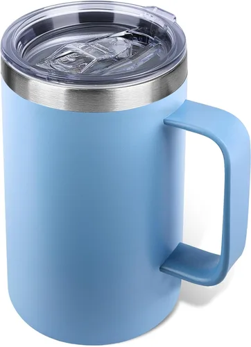 Miniatura 26 de Taza de café aislada de 22 onzas con asa y tapa a prueba de fugas, vaso de viaje de acero inoxidable de doble pared para viajes, oficina, hogar