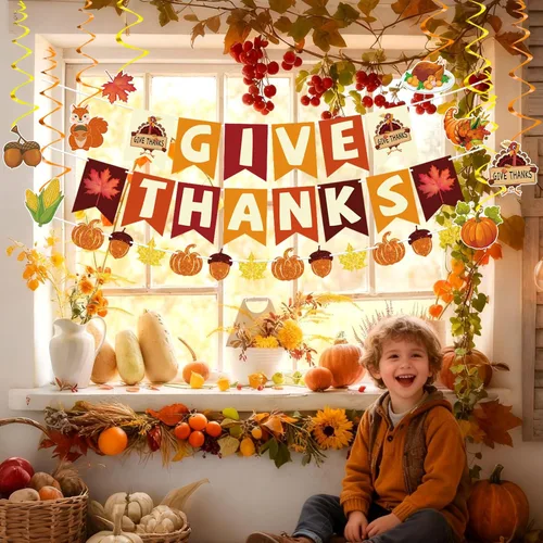 Miniatura 2 de 42 piezas de decoraciones de Acción de Gracias Pancarta de agradecimiento premontada en espirales colgantes Decoración de otoño para interiores