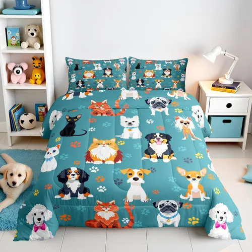 Juego de edredón lindo de perro y gato, tamaño matrimonial, juego de ropa de cama colorido con estampado de patas de cachorro, 3 piezas para niños y