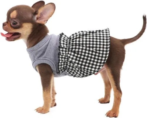 Miniatura 2 de LOPHIPETS Vestido a cuadros para perros pequeños, taza de té para niña, chihuahua, yorkie, cachorro, ropa de gato, cuadros blancos y negros, XXS