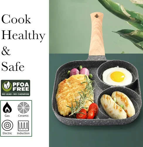 Miniatura 3 de JUSTUP Sartén antiadherente para huevos, mini sartén antiadherente 3 en 1, sartén dividida, mango resistente al calor, sartén de 3 secciones, mini