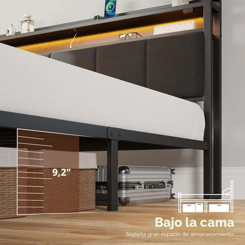 Miniatura 5 de Rolanstar Armazón de cama tamaño completo con estación de carga y luces LED, cabecera tapizada con estantes de almacenamiento, listones de metal