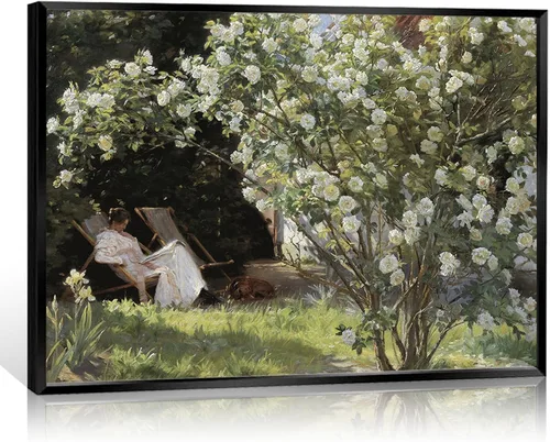 Huabsad Lienzo de pintura al óleo de flores de paisaje vintage, arte de pared, retrato antiguo de mujer, rosas de jardín al aire libre, decoración