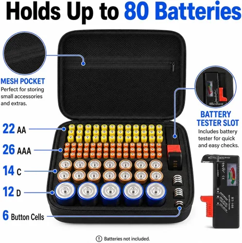 Miniatura 2 de Comecase - Caja de almacenamiento para batería dura, con estuche de transporte - Capacidad para 80 baterías AA AAA C D - con probador de batería