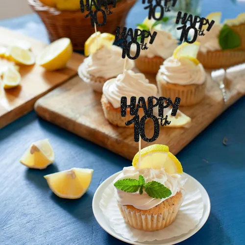 Miniatura 7 de Gyufise Paquete de 24 adornos negros para cupcakes con el número 10, para celebrar 10 cumpleaños, bodas, aniversarios, fiestas, suministros