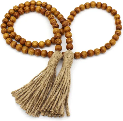 Miniatura 18 de CVHOMEDECO. Guirnalda de cuentas de madera con borlas, diseño rústico de granja, cadena de cuentas de oración para colgar en la pared, acento