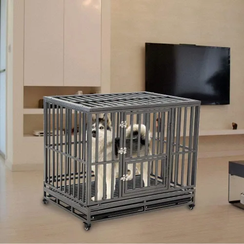 Miniatura 7 de LUCKUP Jaula de metal resistente para perros medianos y grandes, corral para mascotas con cuatro ruedas, fácil de instalar, 42 pulgadas, color negro