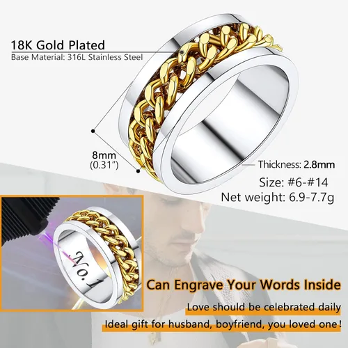 Miniatura 4 de PROSTEEL Anillo giratorio para hombre, anillos para la ansiedad, anillo de acero inoxidable de 0.11 pulgadas de grosor, cadena de eslabones cubanos