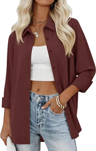 Miniatura 21 de siliteelon Camisas con botones para mujer, camisas de vestir sólidas, de manga larga, cuello fluido, para trabajo, oficina, negocios, blusas de gasa