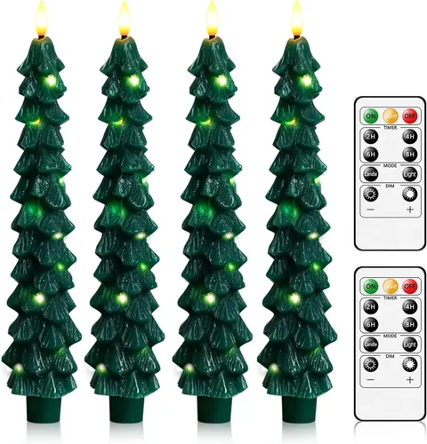 Miniatura 8 de kakoya Velas sin Llama de Árbol de Navidad con Control Remoto, 2 Piezas Velas LED Parpadeantes de Cera Real Verde que Funcionan con Batería