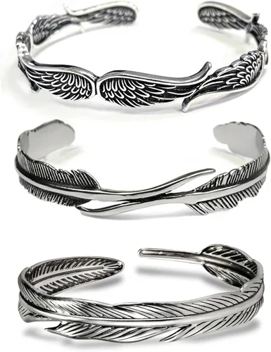 RIOSO Juego de 3 pulseras de plata para hombres y mujeres, con diseño de alas de ángel, plumas, hojas de ángel, juego de pulseras, Sin gemas.