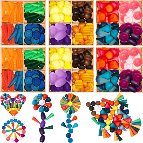Chivao Juego de materiales de juego de piezas sueltas, juego de juguetes de mandala de madera, juguetes sensoriales de madera, 27 colores arcoíris,