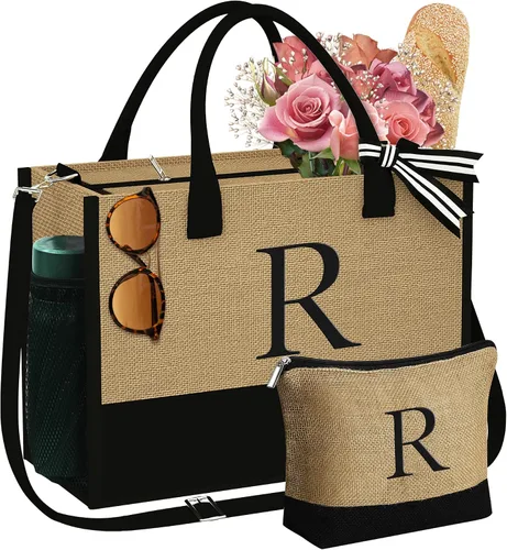 Miniatura 19 de YOOLIFE Regalos personalizados para mujeres, bolsa de yute con inicial y bolsa de maquillaje, regalos de cumpleaños para mujeres, mamá, esposa