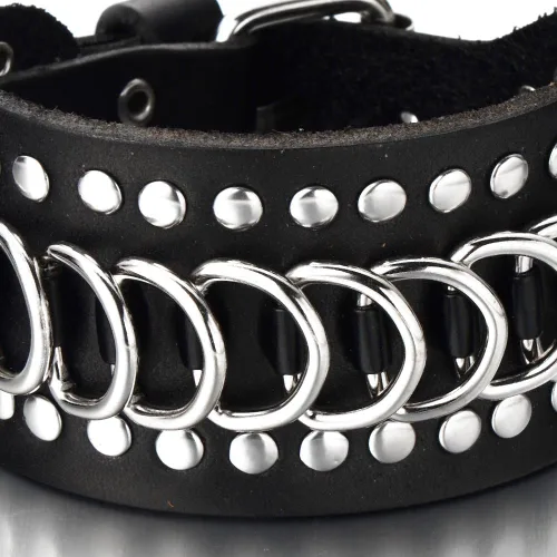 Miniatura 2 de COOLSTEELANDBEYOND Gothic Punk Mens Wide Black Leather Bracelet Wristband Accented with Chain and Rivets