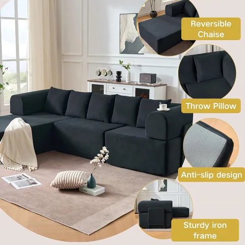 Miniatura 5 de Sofá modular de 106 pulgadas con diván en forma de L, moderno sofá modular Cloud con asiento profundo, cómodo sofá comprimido de terciopelo sin Negro