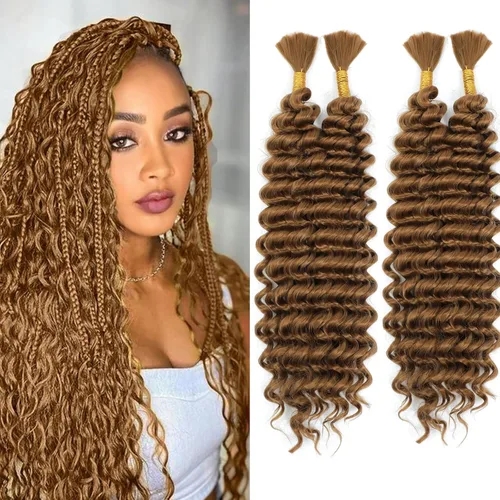 Miniatura 7 de Mezcla de cabello humano para trenzar, cabello sintético rizado bohemio para trenzar, trenzas bohemias de 16 pulgadas, 4 paquetes de 110g/paquete