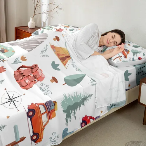 Miniatura 4 de Juego de sábanas de camping Happy Camping para niños Queen 4 piezas, juego de ropa de cama de autocaravana, juego de sábanas de accesorios de coche