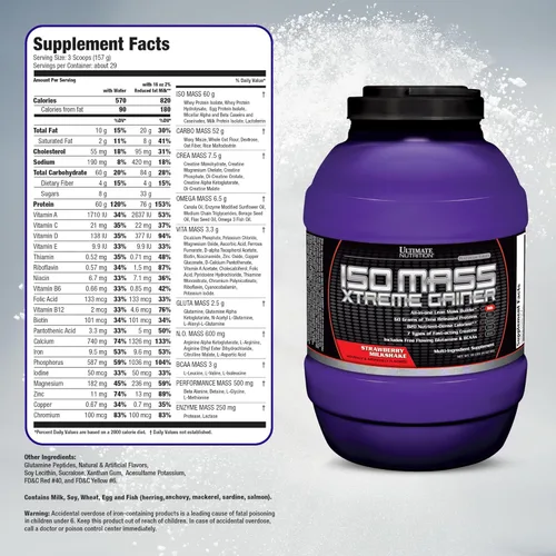 Miniatura 7 de Ultimate Nutrition ISO Mass Xtreme Gainer - Ganador de masa de alto contenido calórico con creatina y proteína aislada de suero en polvo